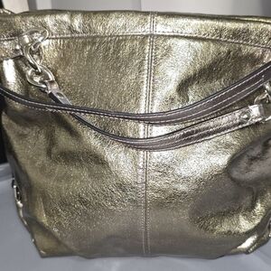 Coach Gold Metallic Shoulder Bag with Slouchy Shape and Zipper Closure